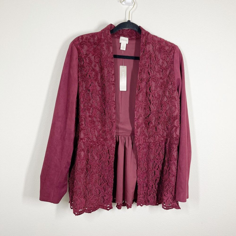 Chicos Faux Suede‎ Lace Jacket Womens Size Large Red Feminine Long Sleeve NWT